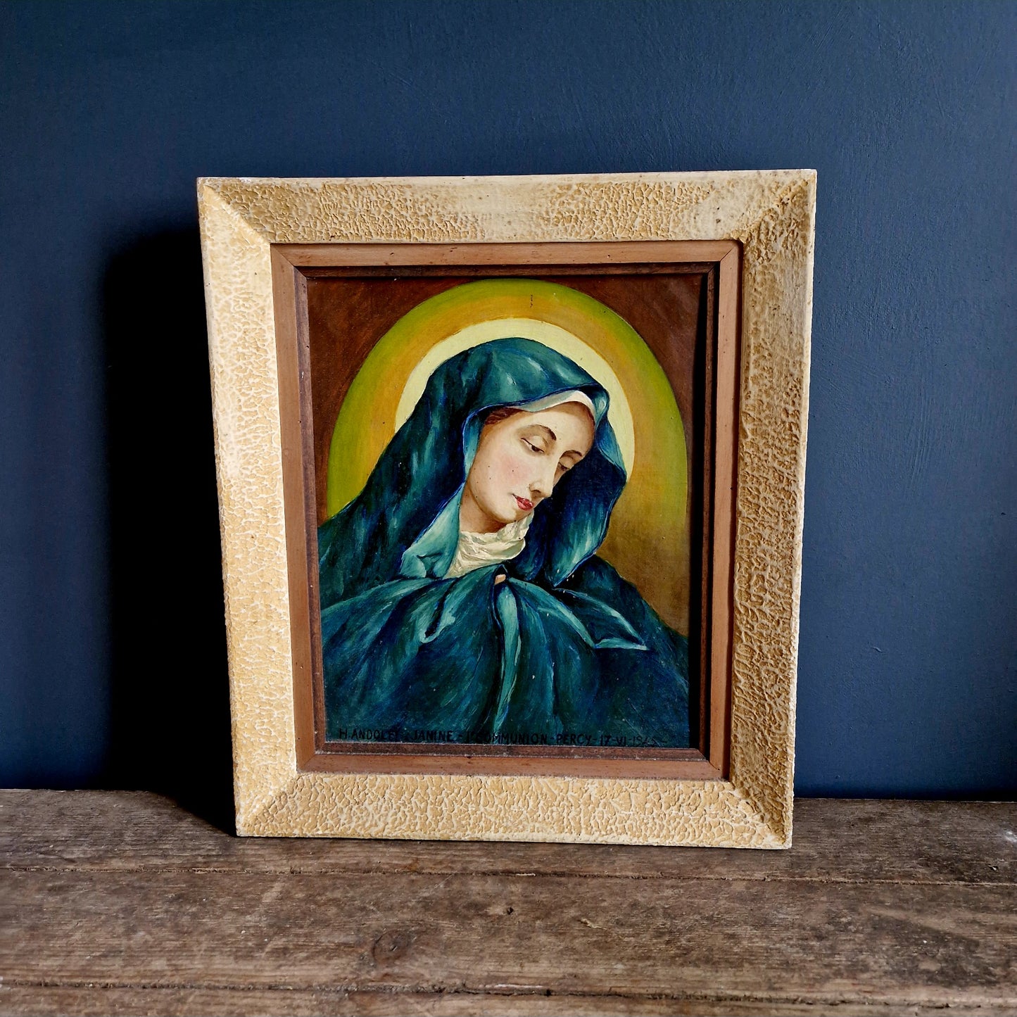 Frans vintage religieus olieverfschilderij van de Madonna.