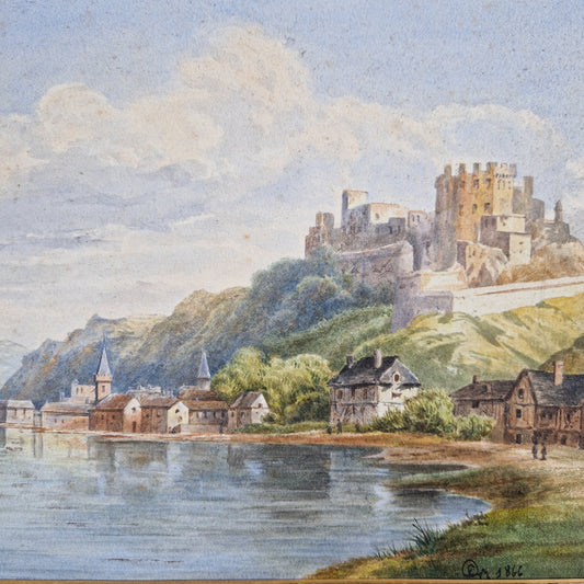 French watercolour painting showing a lakes ide scene dated 1866