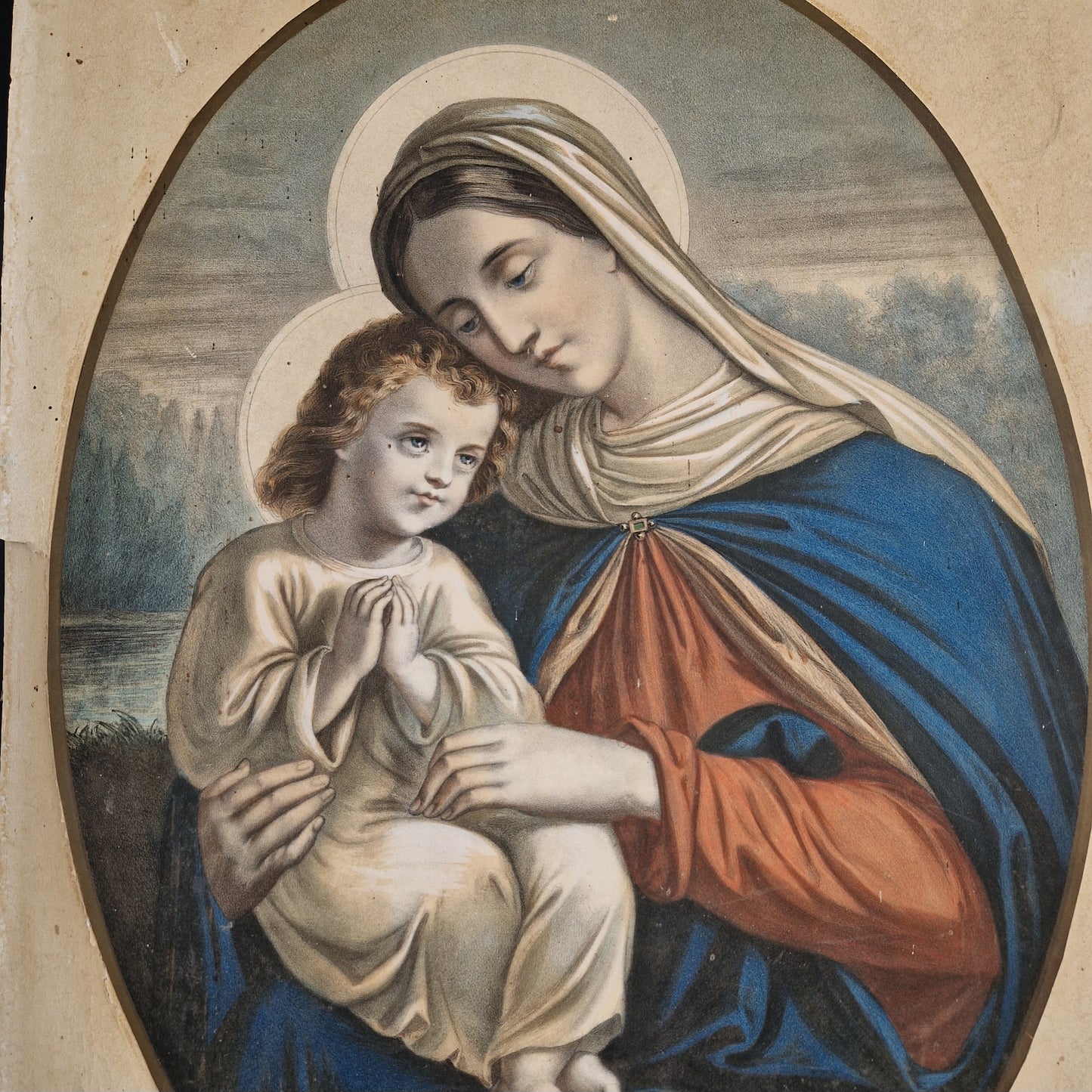 French vintage lithograph print of Madonna and child.