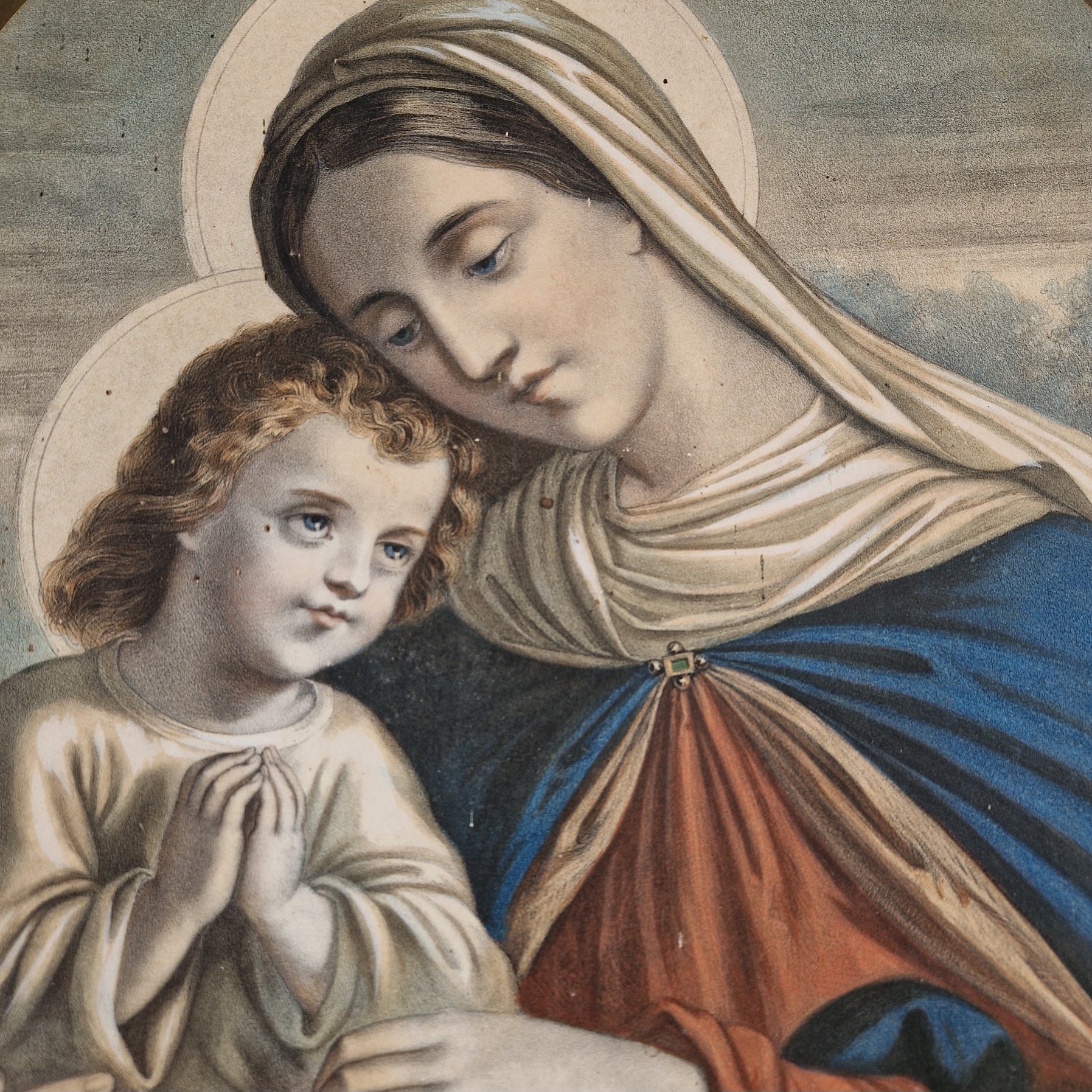French vintage lithograph print of the Madonna and child.