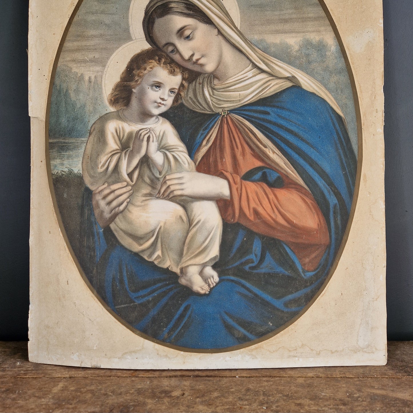 French vintage lithograph print of Madonna and child.