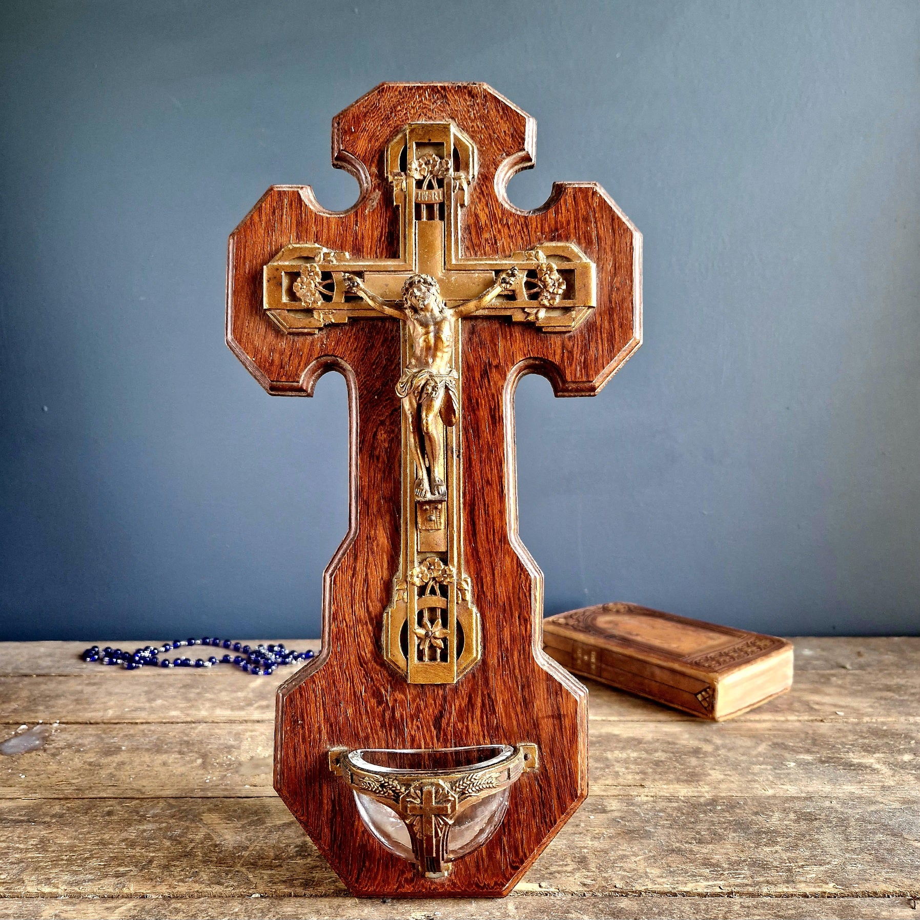 Antique wooden holy water font