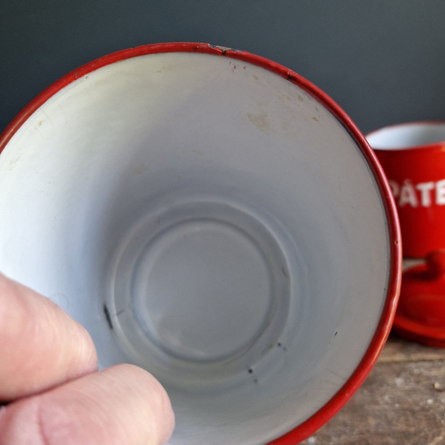 Vintage red enamel French kitchen canisters