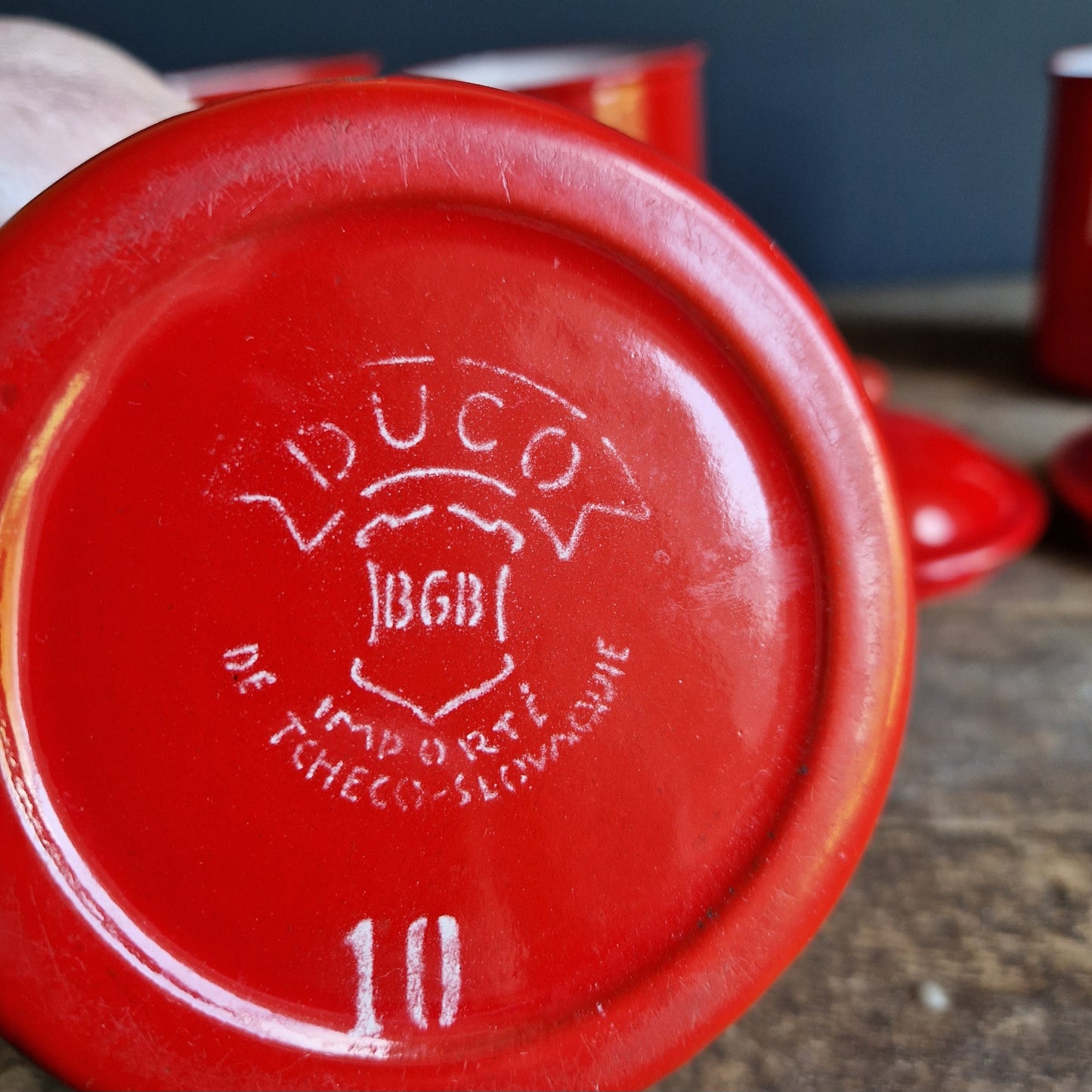 Vintage red enamel French kitchen canisters