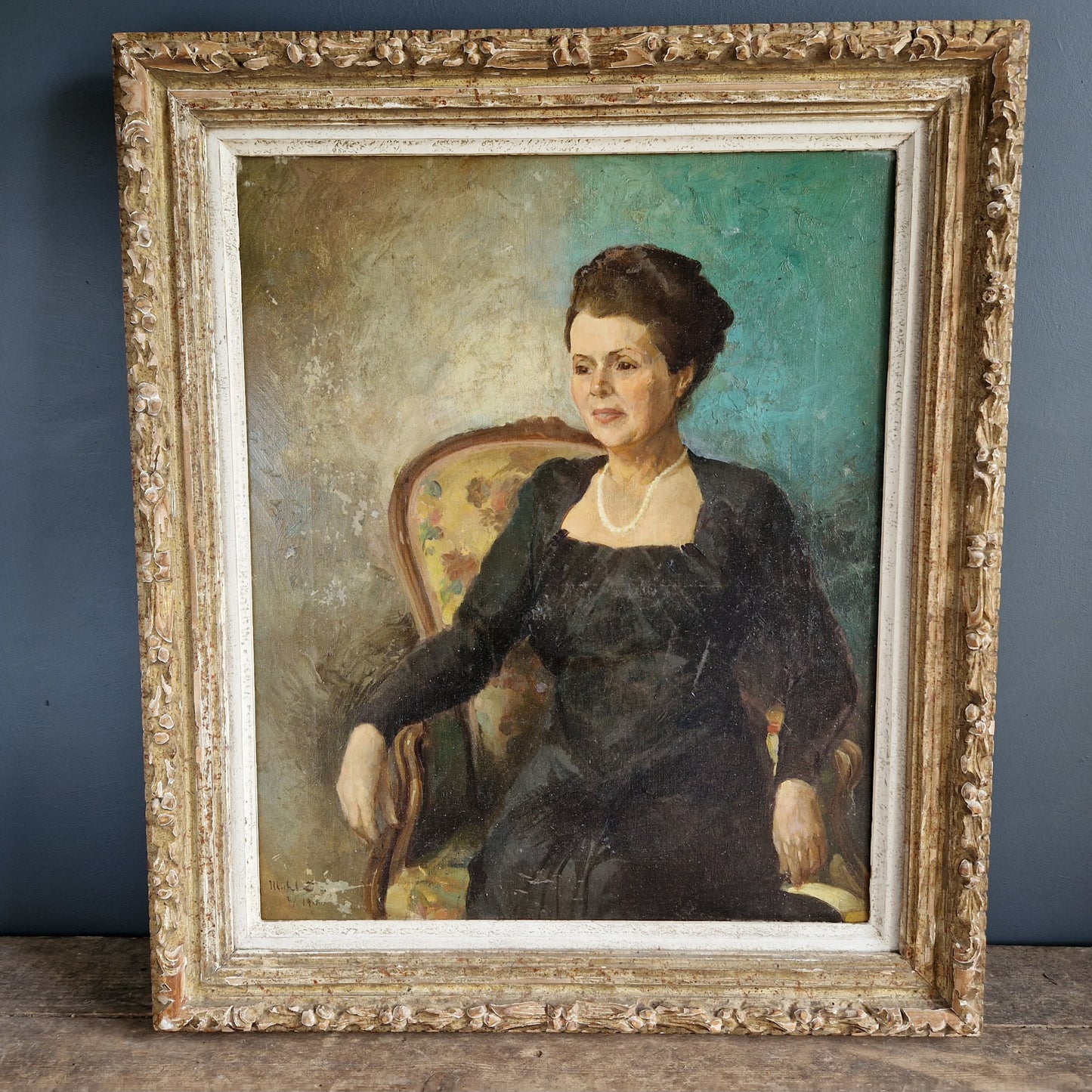 French antique portrait of a seated lady. French antique oil painting.