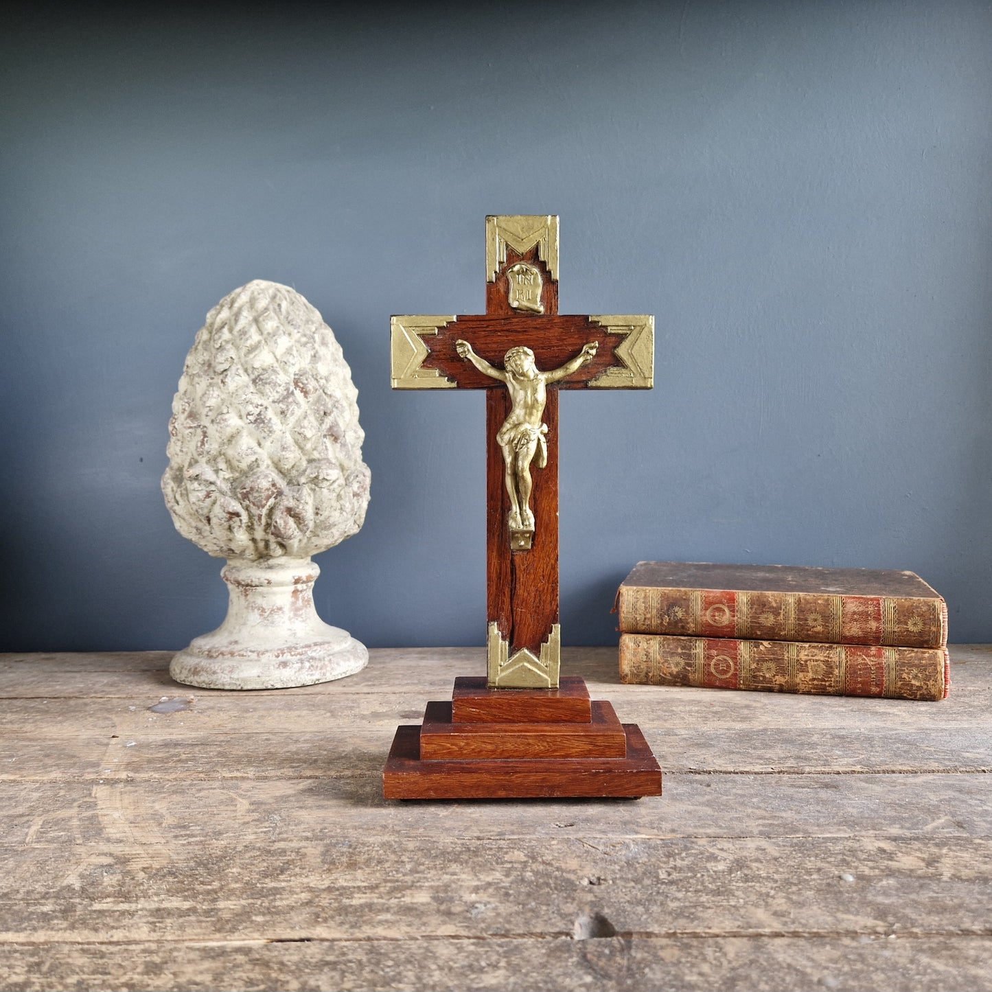 French antique crucifix. Art Deco style wooden crucifix.