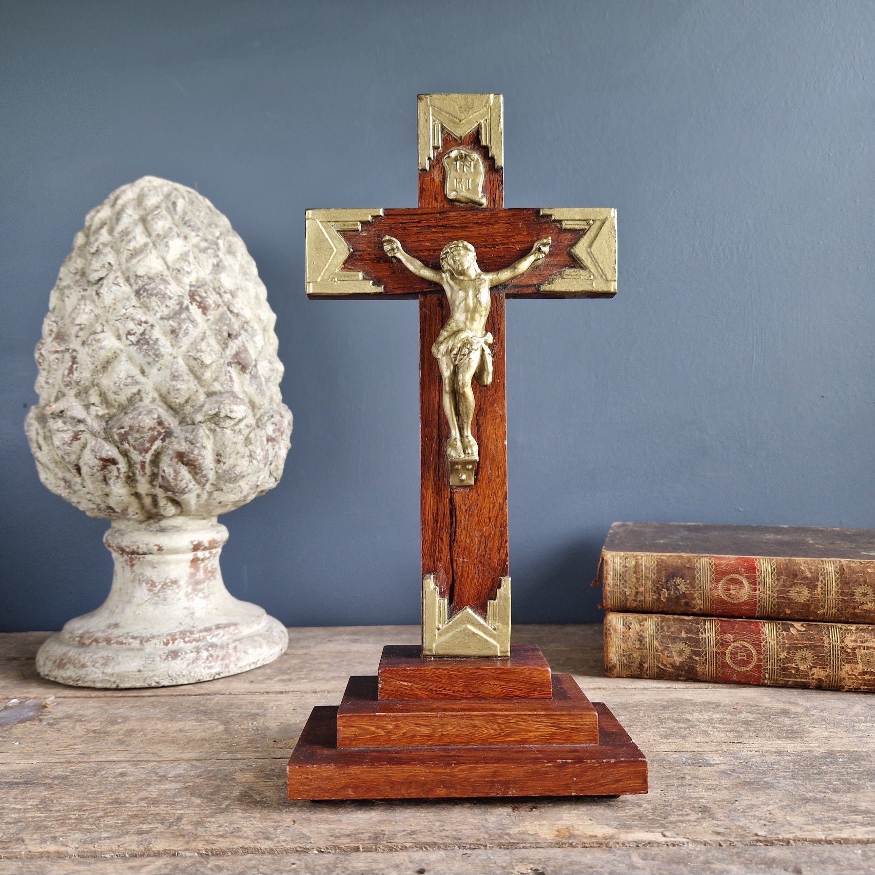 French wooden crucifix with gold Jesus