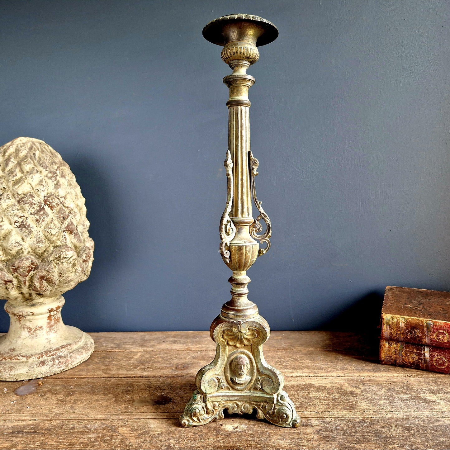 French antique religious candlestick. French altar candle holder.