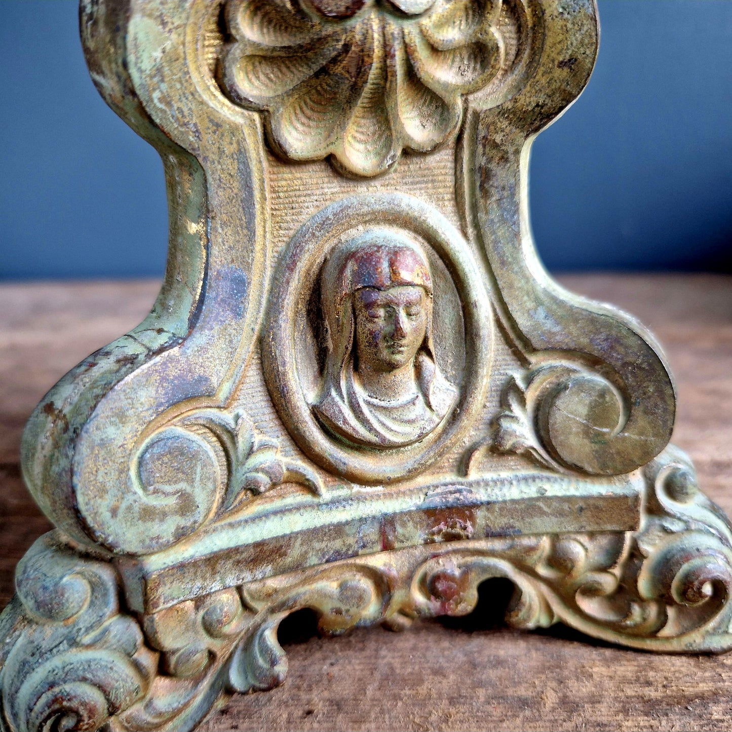 French antique religious candlestick. French altar candle holder.