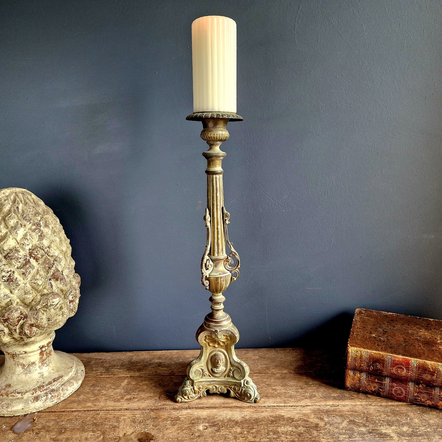 French antique religious candlestick. French altar candle holder.