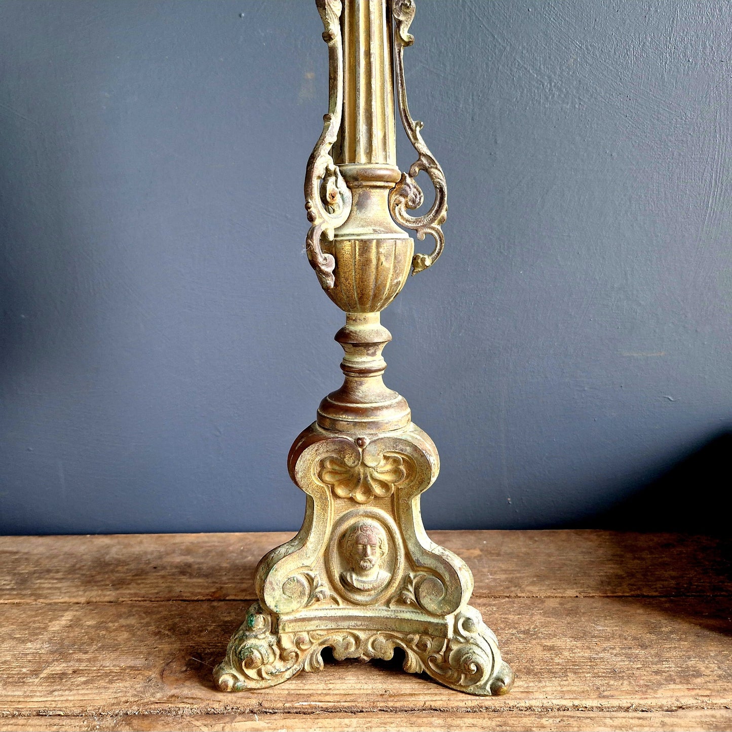 French antique religious candlestick. French altar candle holder.