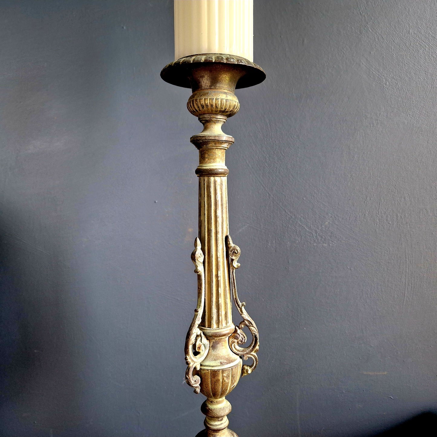 French antique religious candlestick. French altar candle holder.