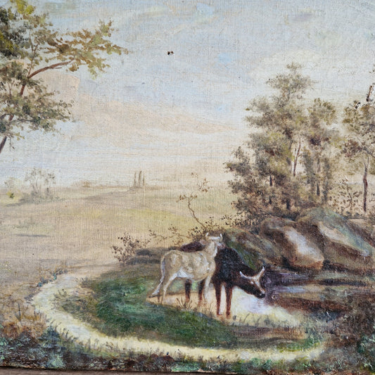 French antique cattle painting. Old French oil on canvas.