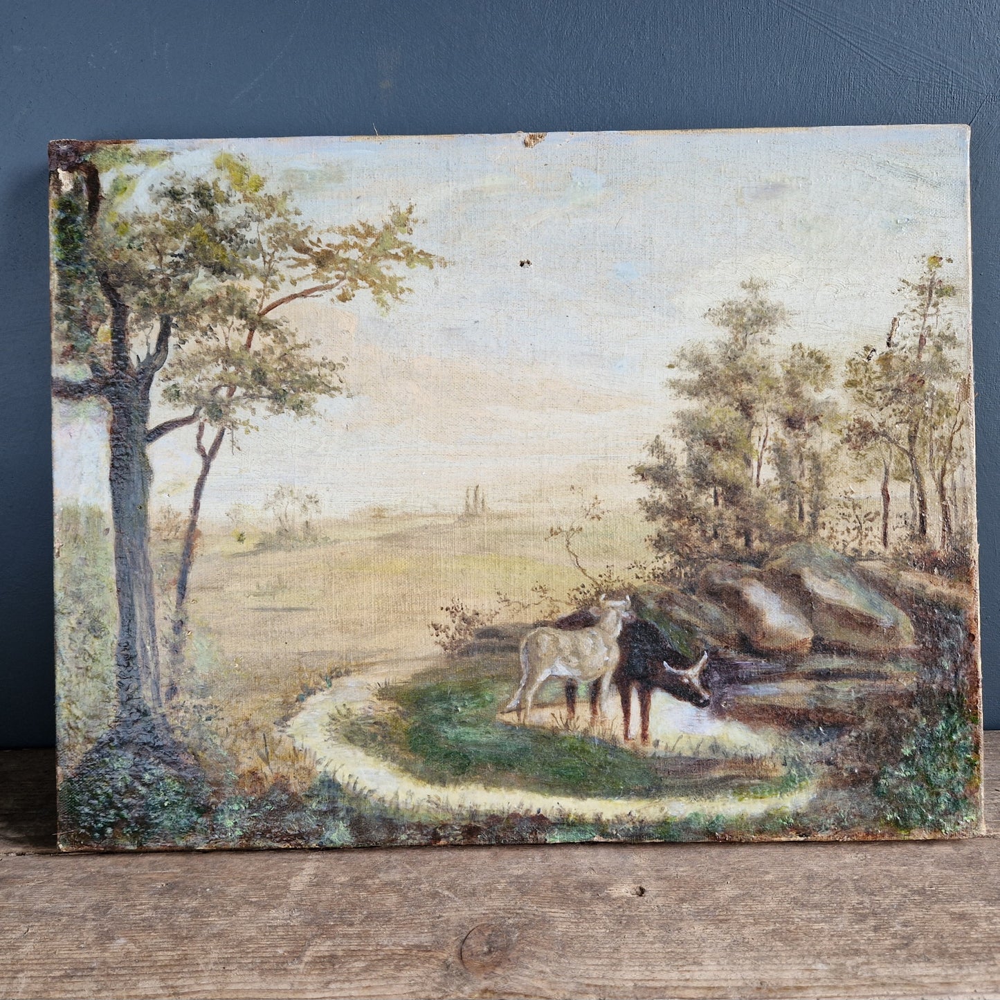 French antique cattle painting. Old French oil on canvas.