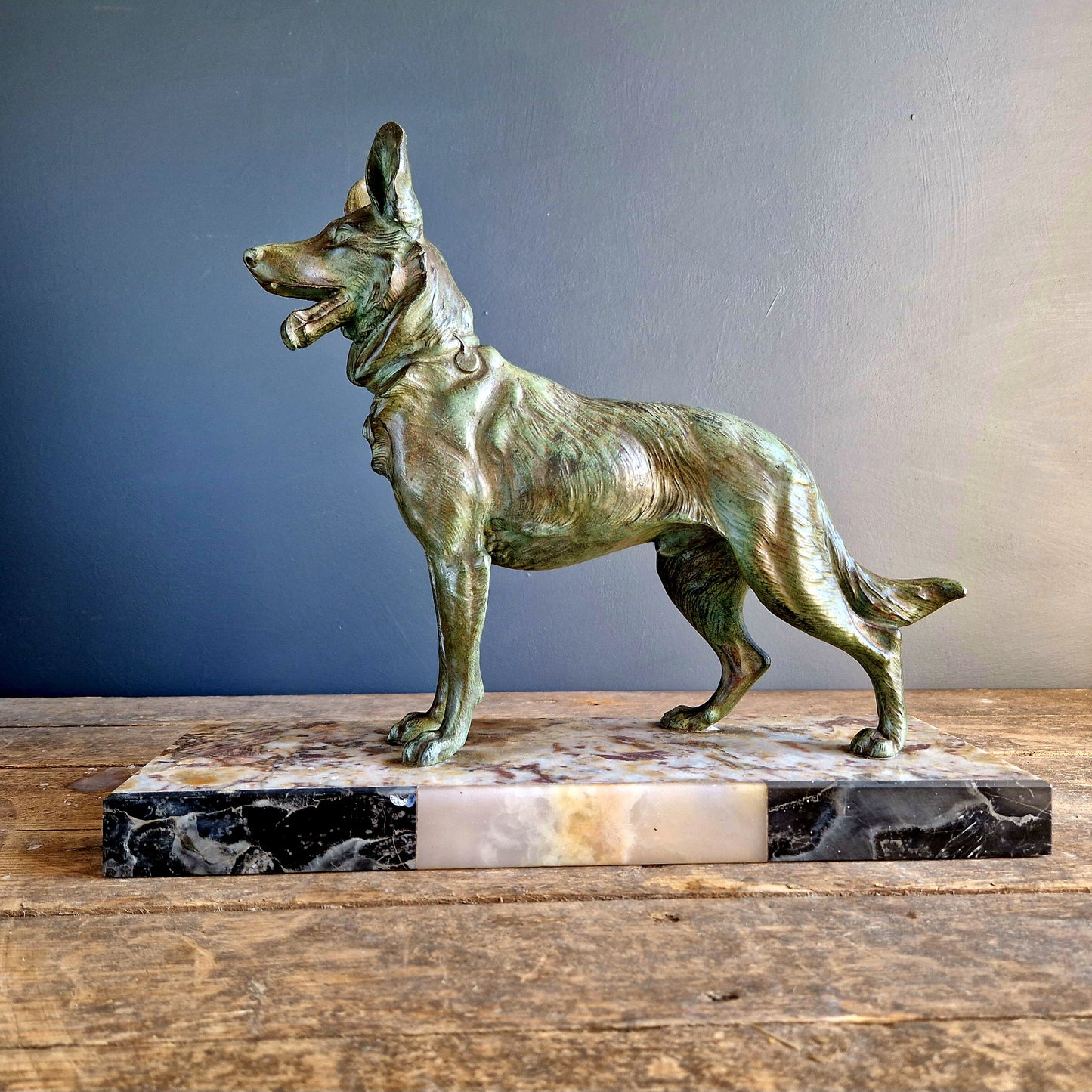 French antique dog sculpture. German shepherd dog statue.