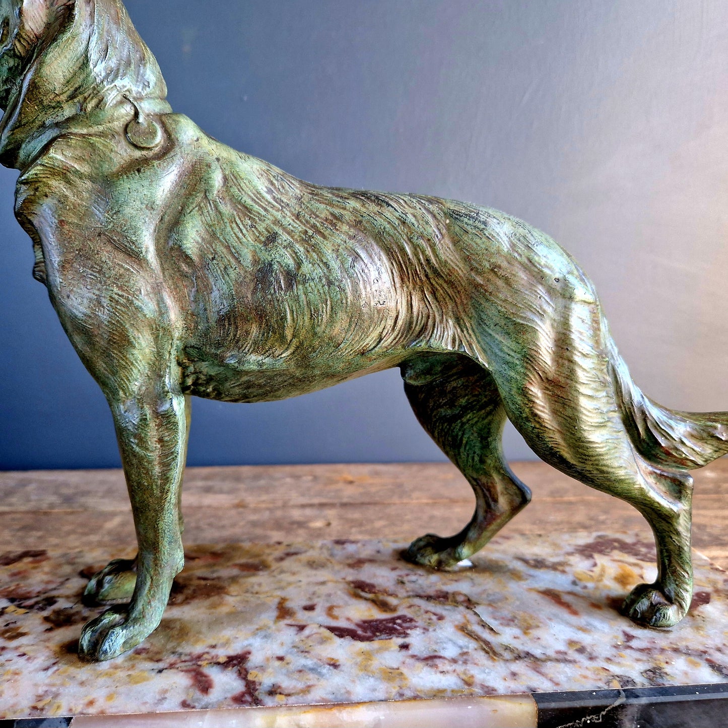 French antique dog sculpture. German shepherd dog statue.