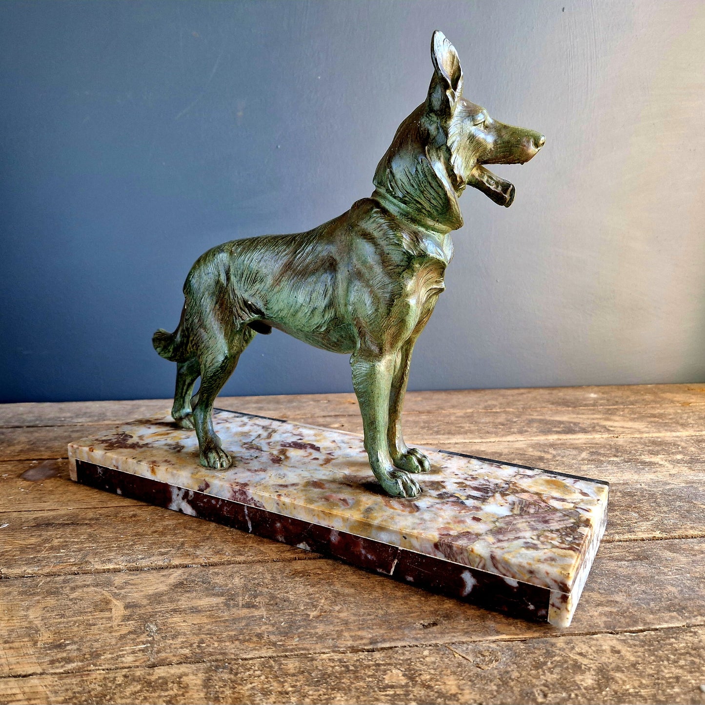 French antique dog sculpture. German shepherd dog statue.