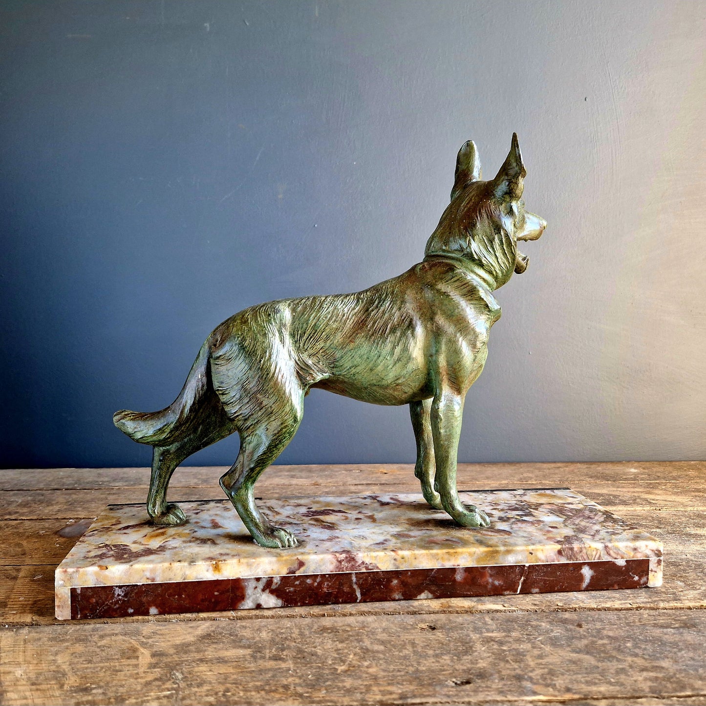 French antique dog sculpture. German shepherd dog statue.