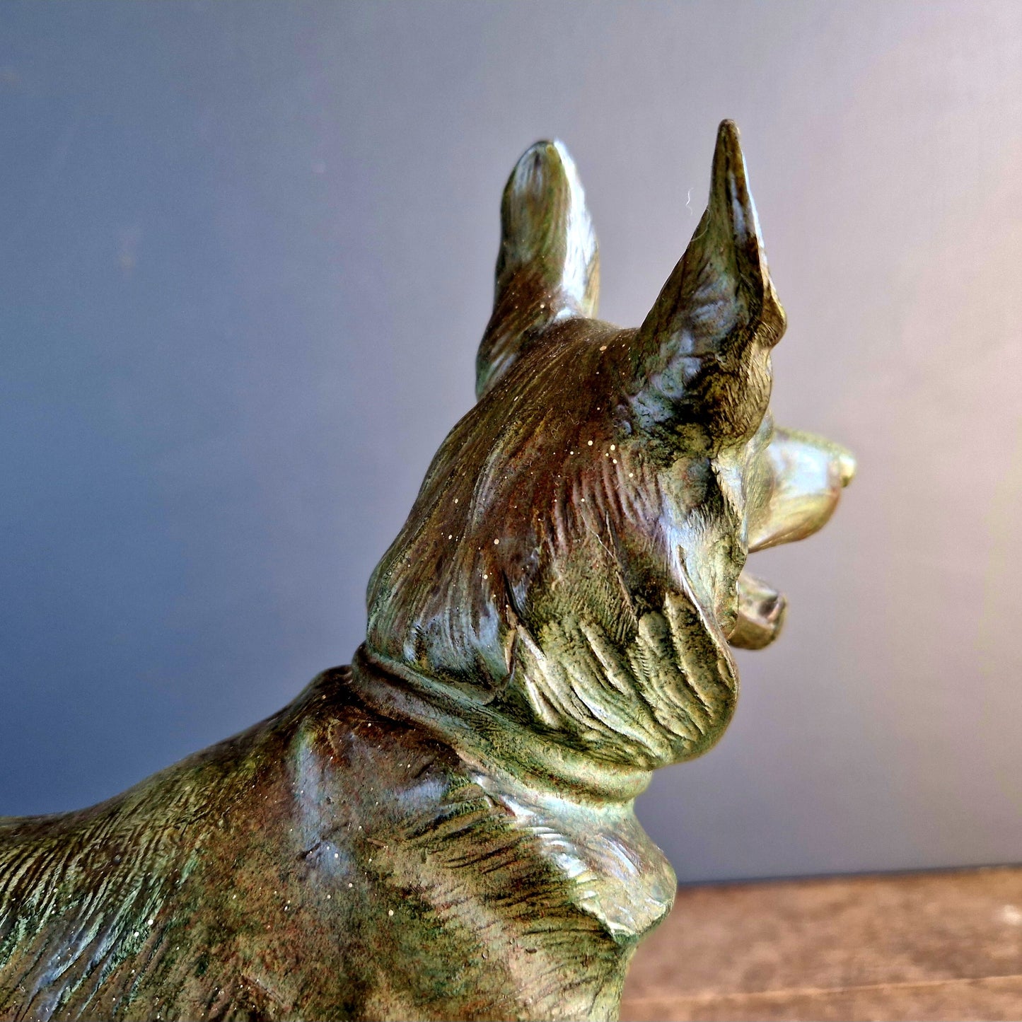 French antique dog sculpture. German shepherd dog statue.