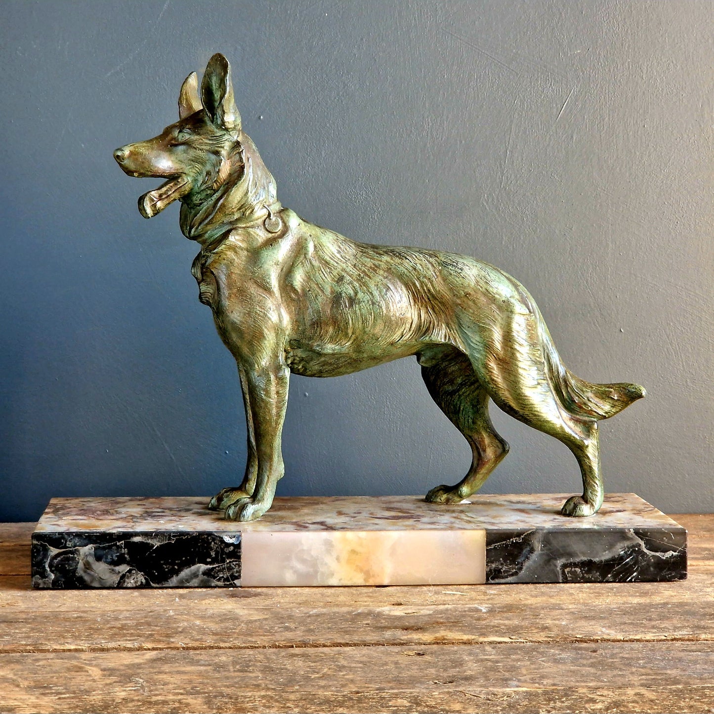 French antique dog sculpture. German shepherd dog statue.