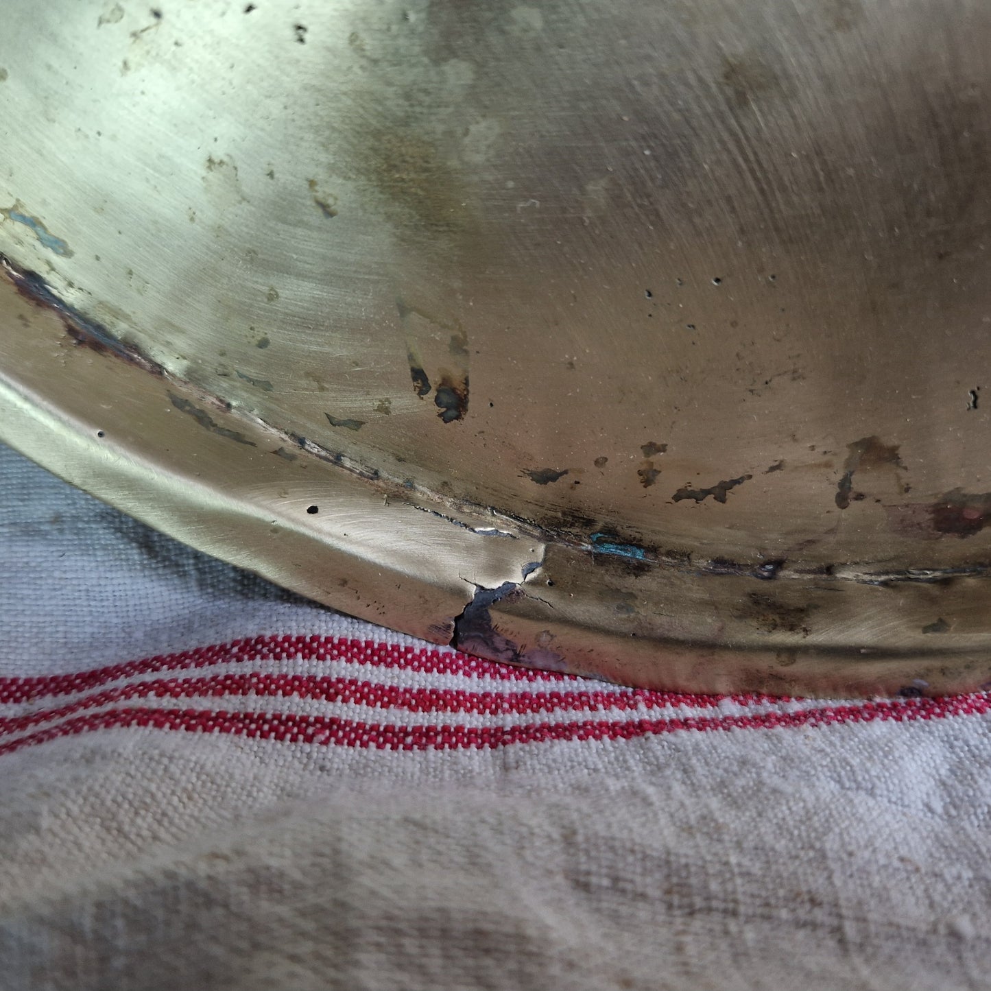 French antique brass pan lids. French kitchen decor.
