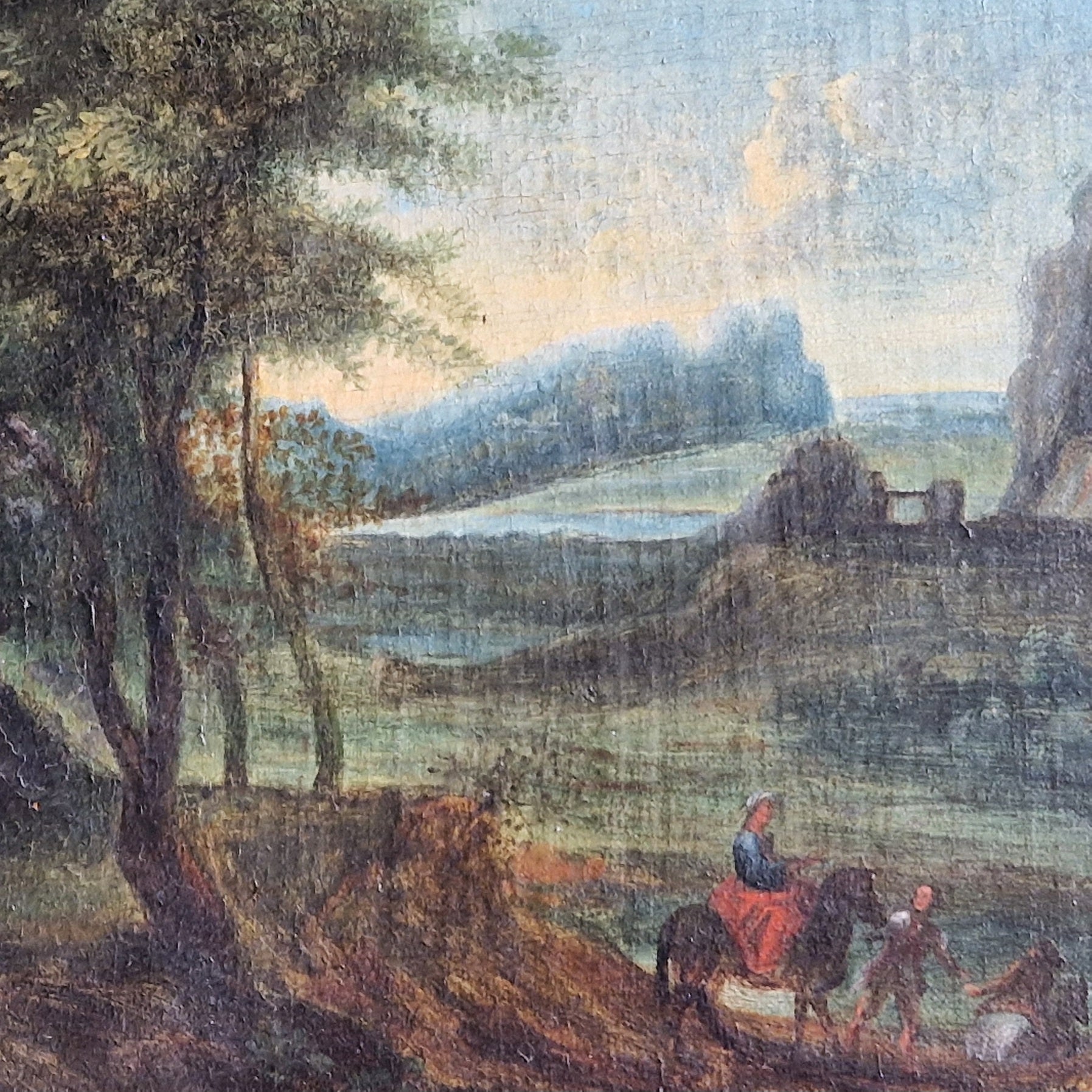 Landscape painting with a castle, trees, and people on horseback.