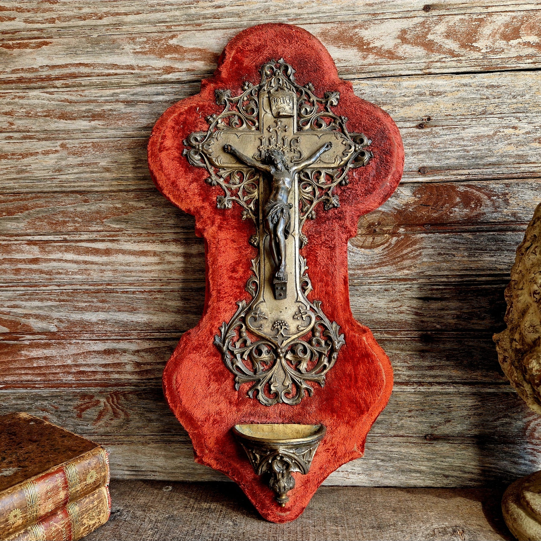 Antique French red velvet benetier crucifix.