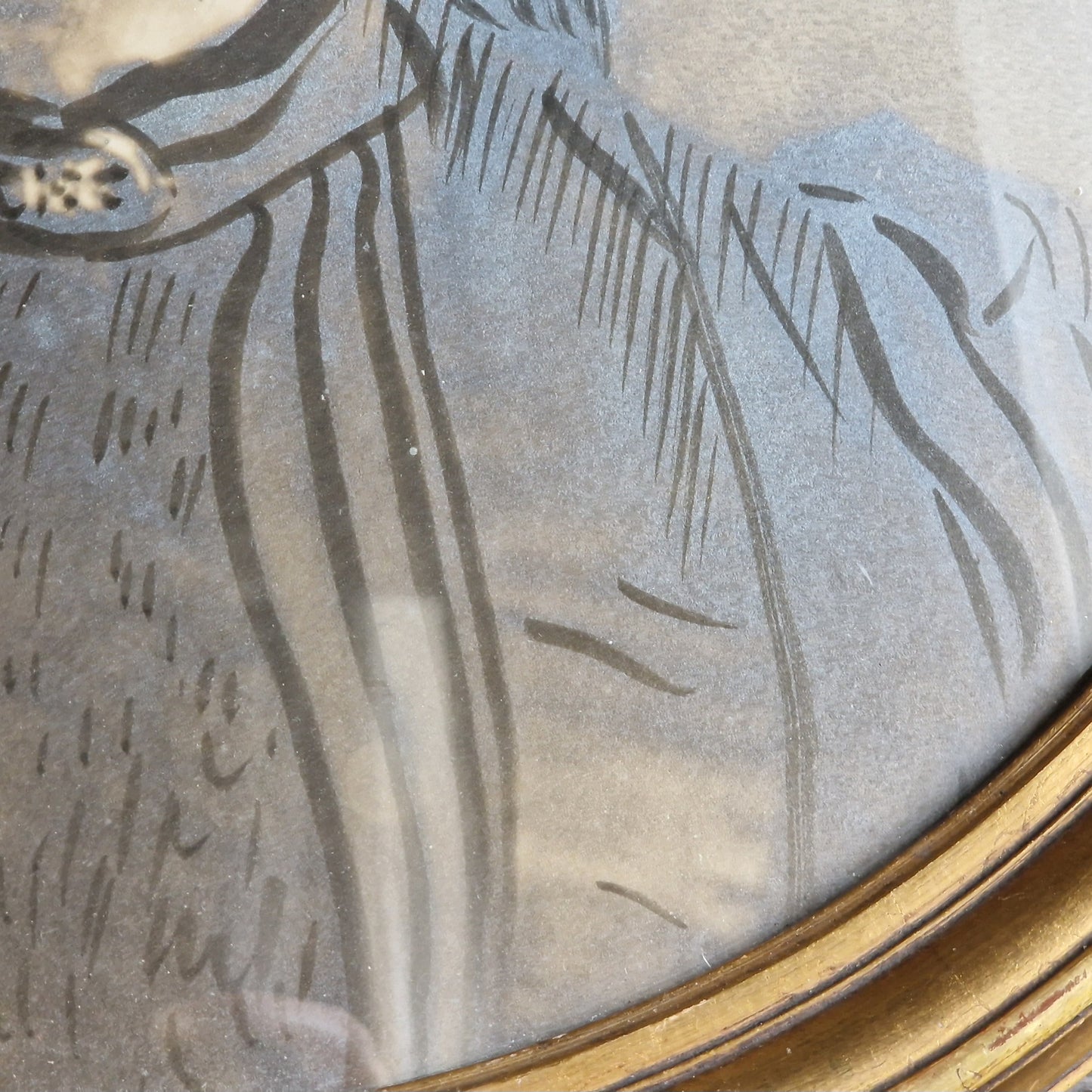 French antique overpainted photo portrait of a lady in a gilt gesso round frame.