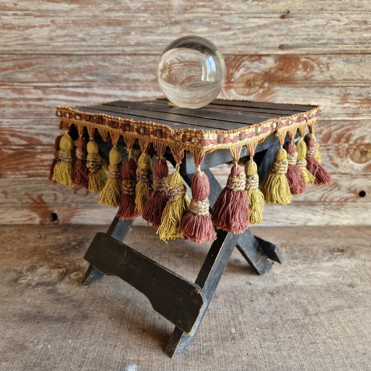 French antique small folding gypsy table with tassel decoration.