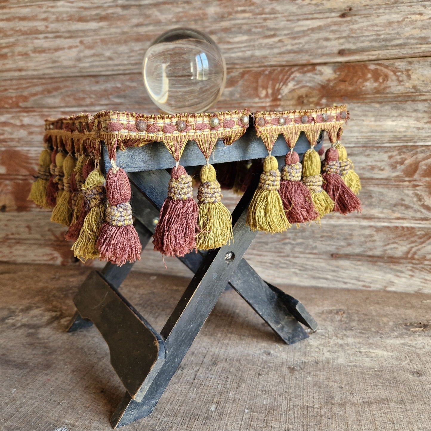 French antique small folding gypsy table with tassel decoration.