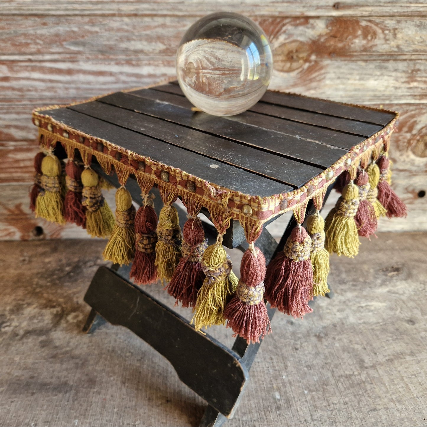 French antique small folding gypsy table with tassel decoration.