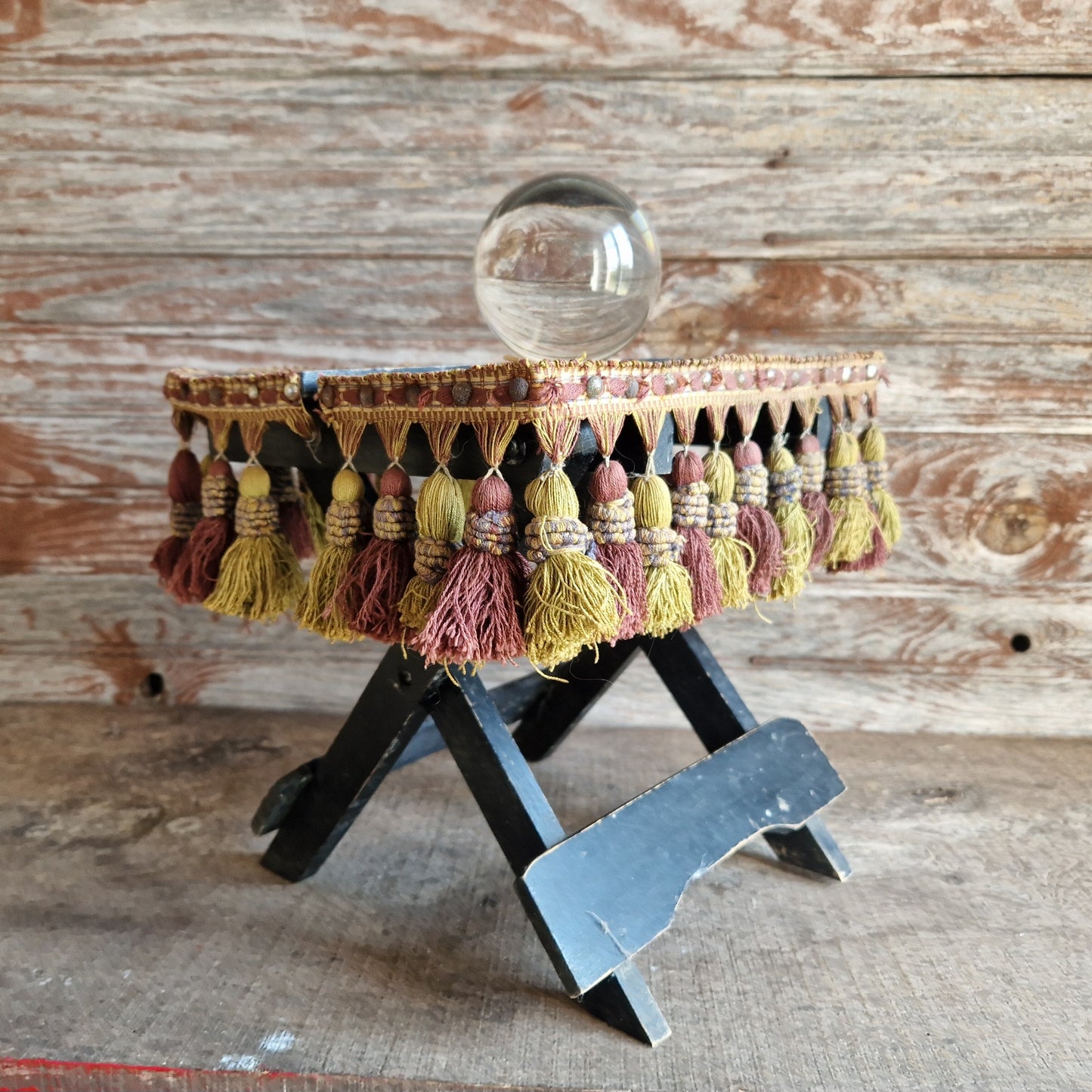 French antique small folding gypsy table with tassel decoration.