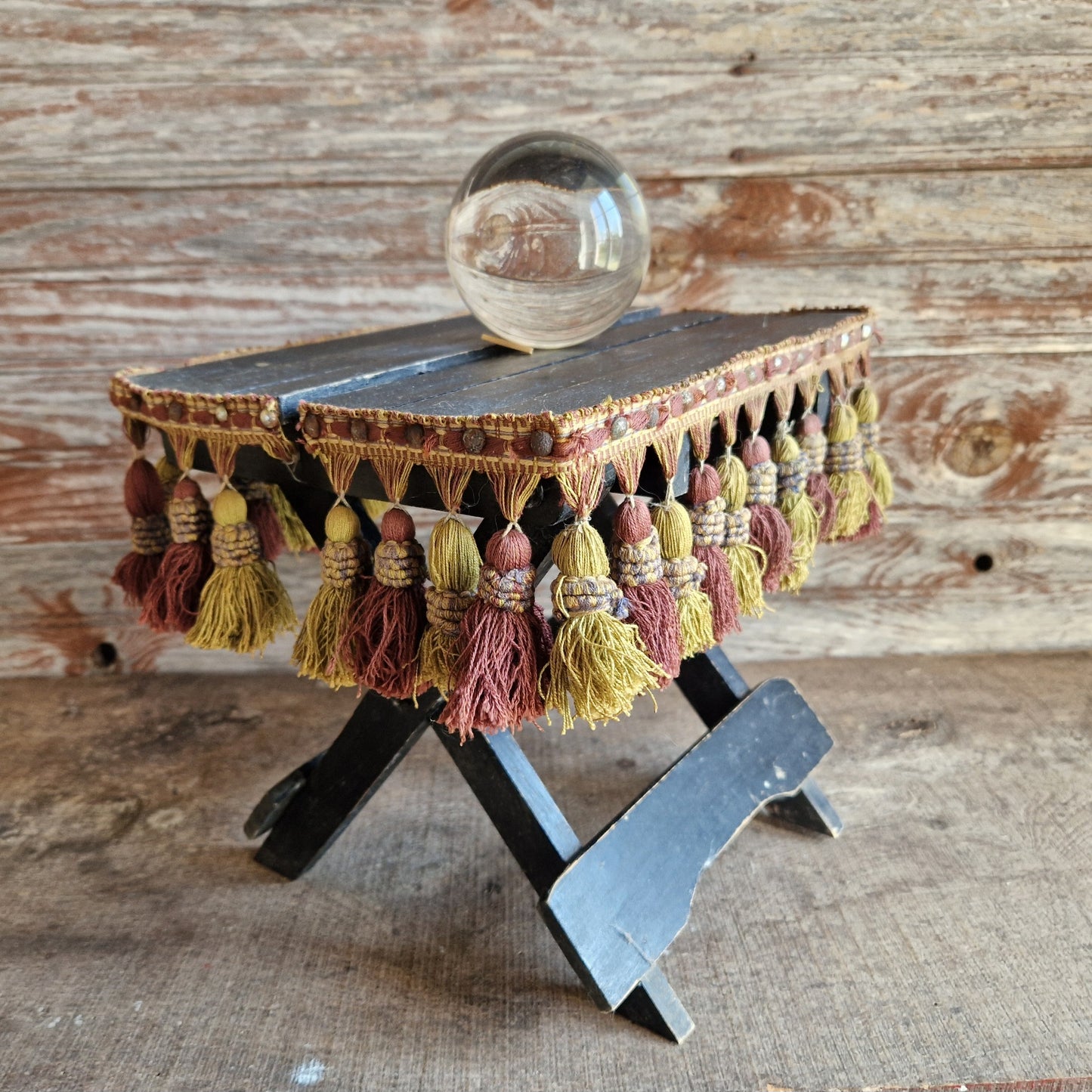 French antique small folding gypsy table with tassel decoration.