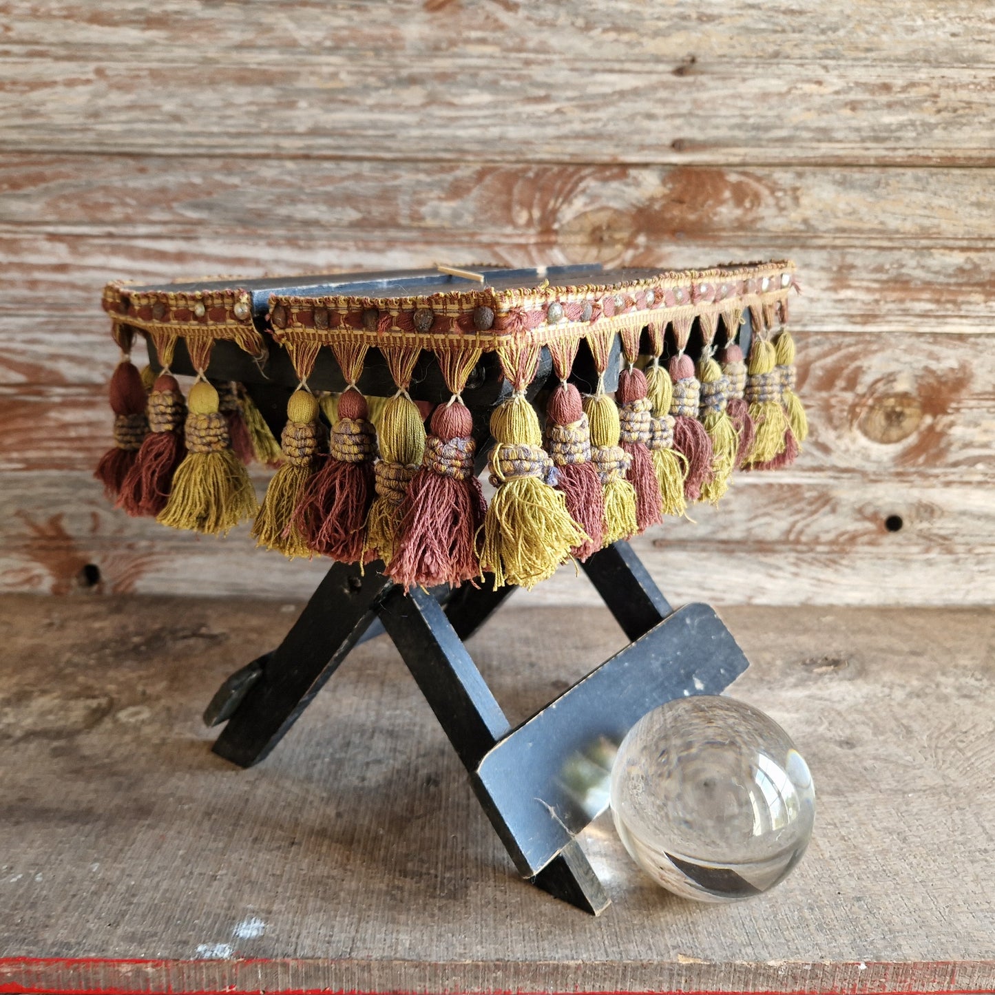 French antique small folding gypsy table with tassel decoration.