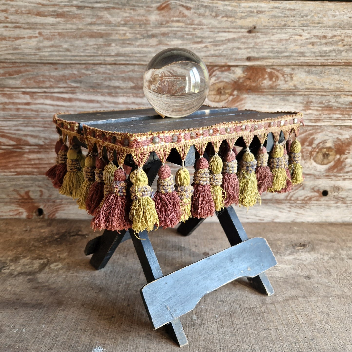 French antique small folding gypsy table with tassel decoration.
