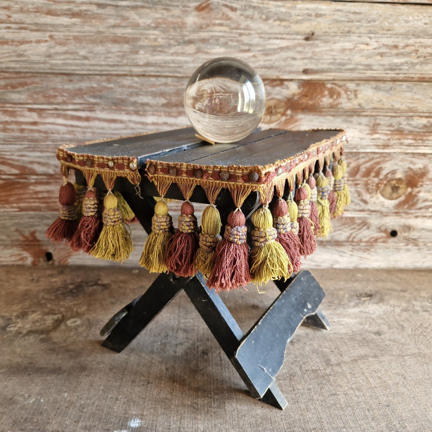 French antique small folding gypsy table with tassel decoration.