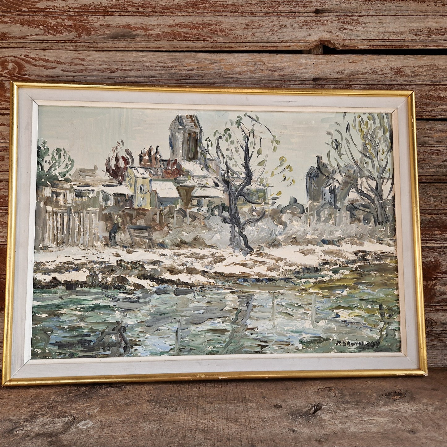 French oil painting of a snowy scene, 1974.