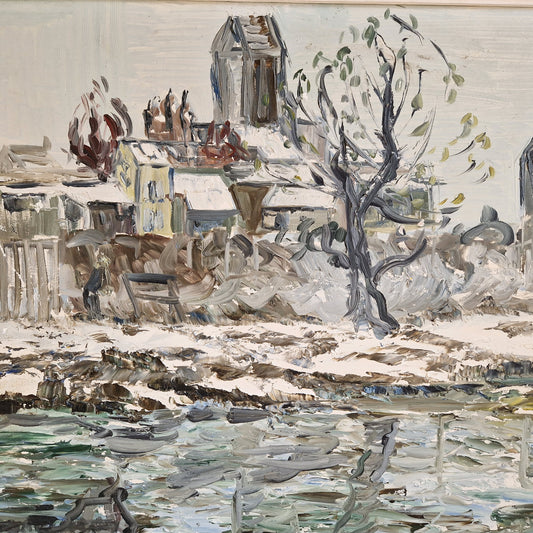 French oil painting of a snowy scene, 1974.