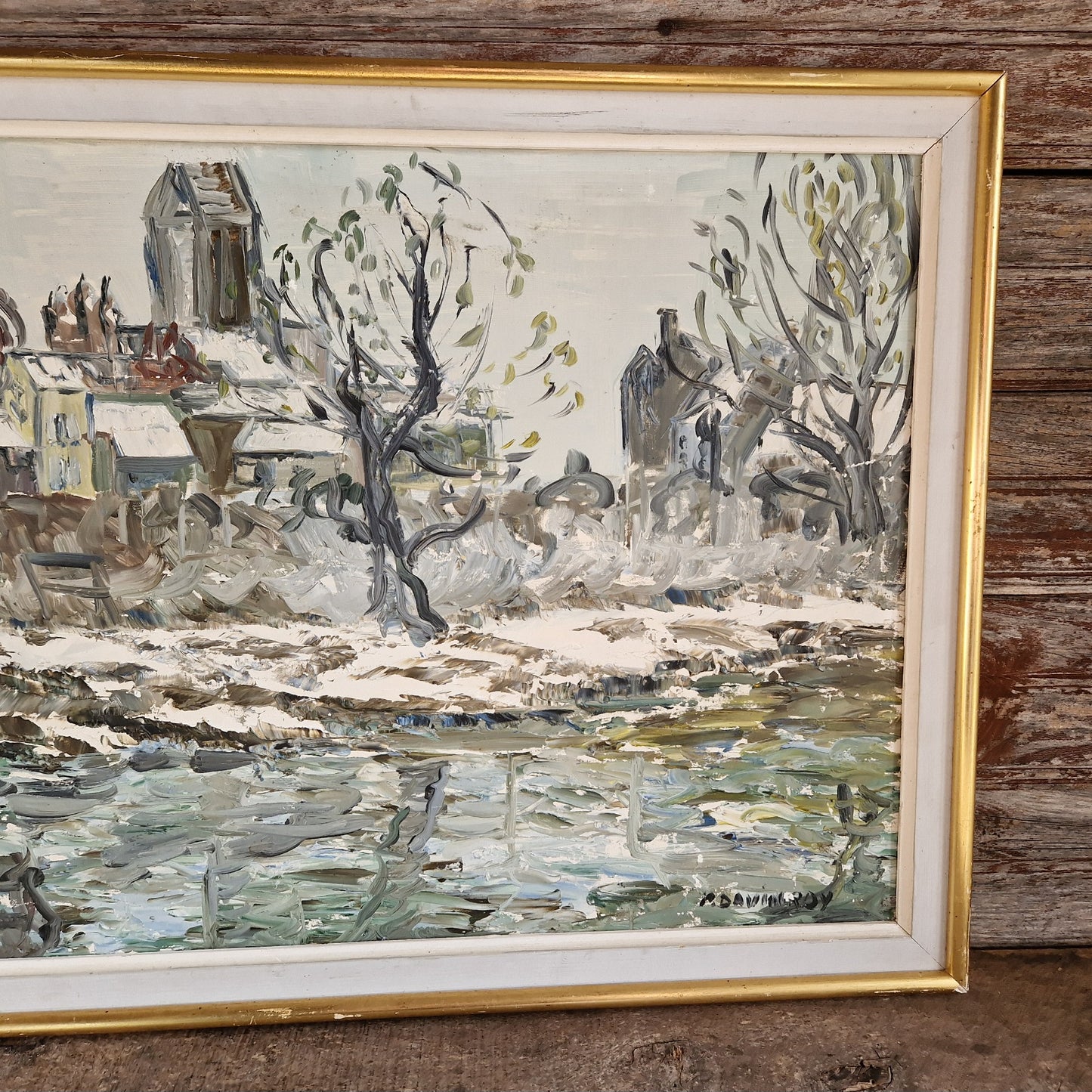 French oil painting of a snowy scene, 1974.