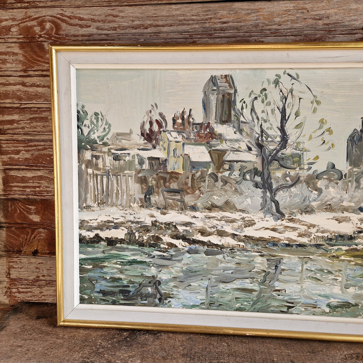 French oil painting of a snowy scene, 1974.