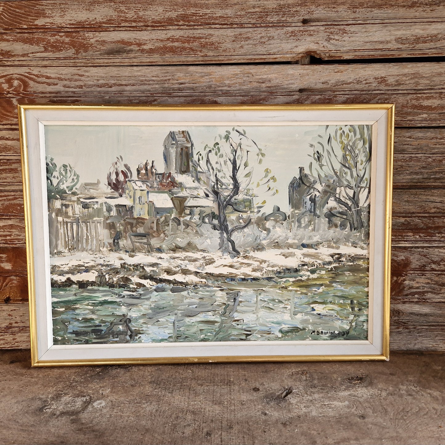 French oil painting of a snowy scene, 1974.