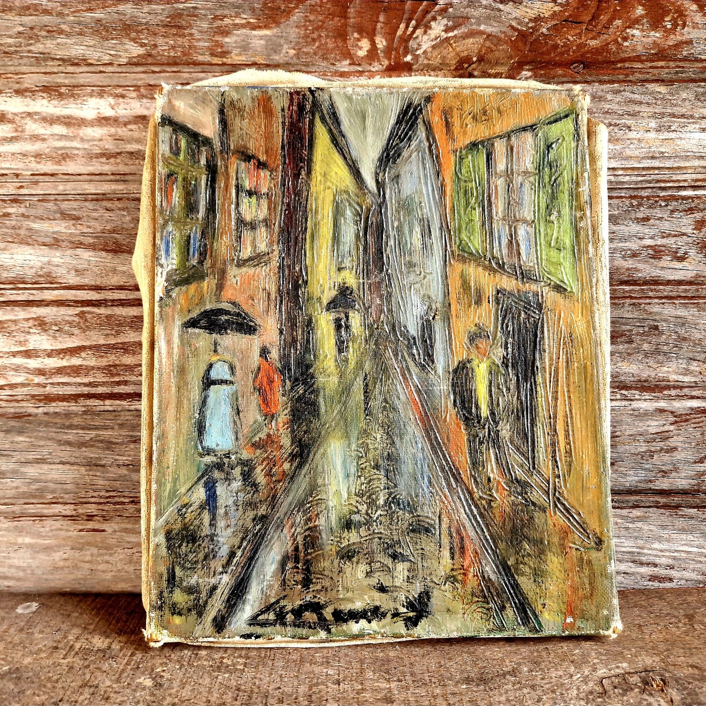 Small French mid century oil painting of a street scene. Original French art.