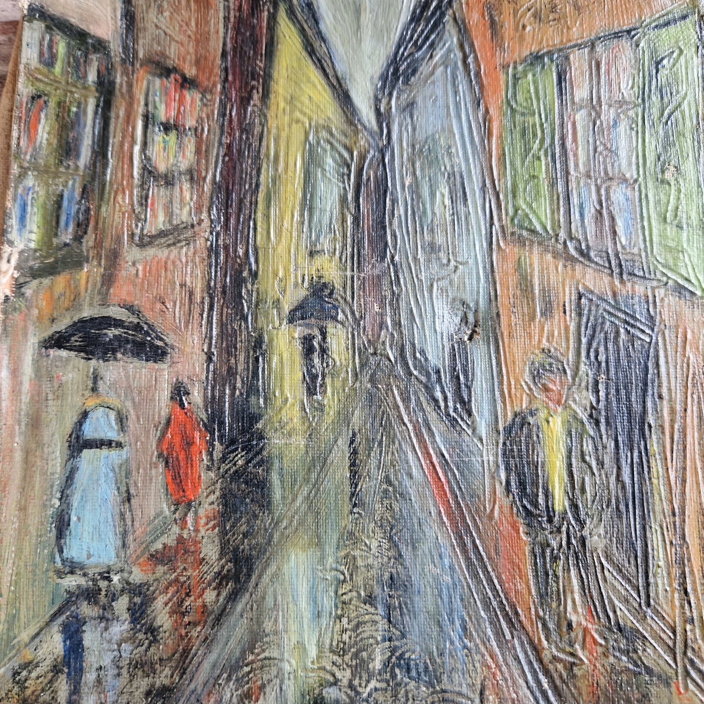 Small French mid century oil painting of a street scene. Original French art.