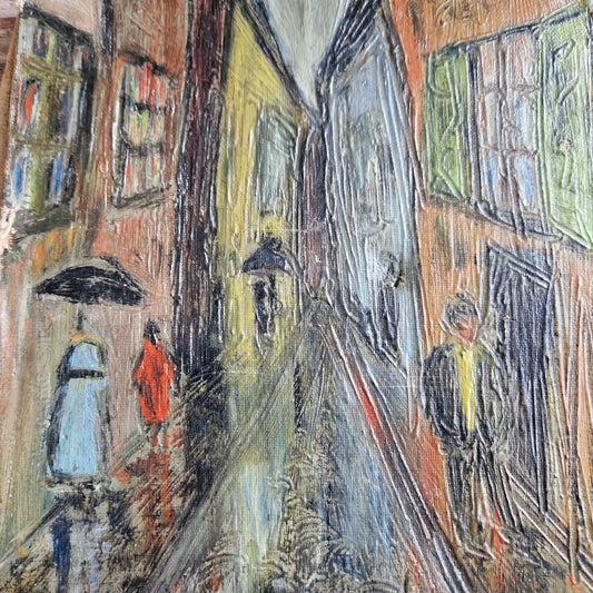 Small French mid century oil painting of a street scene. Original French art.