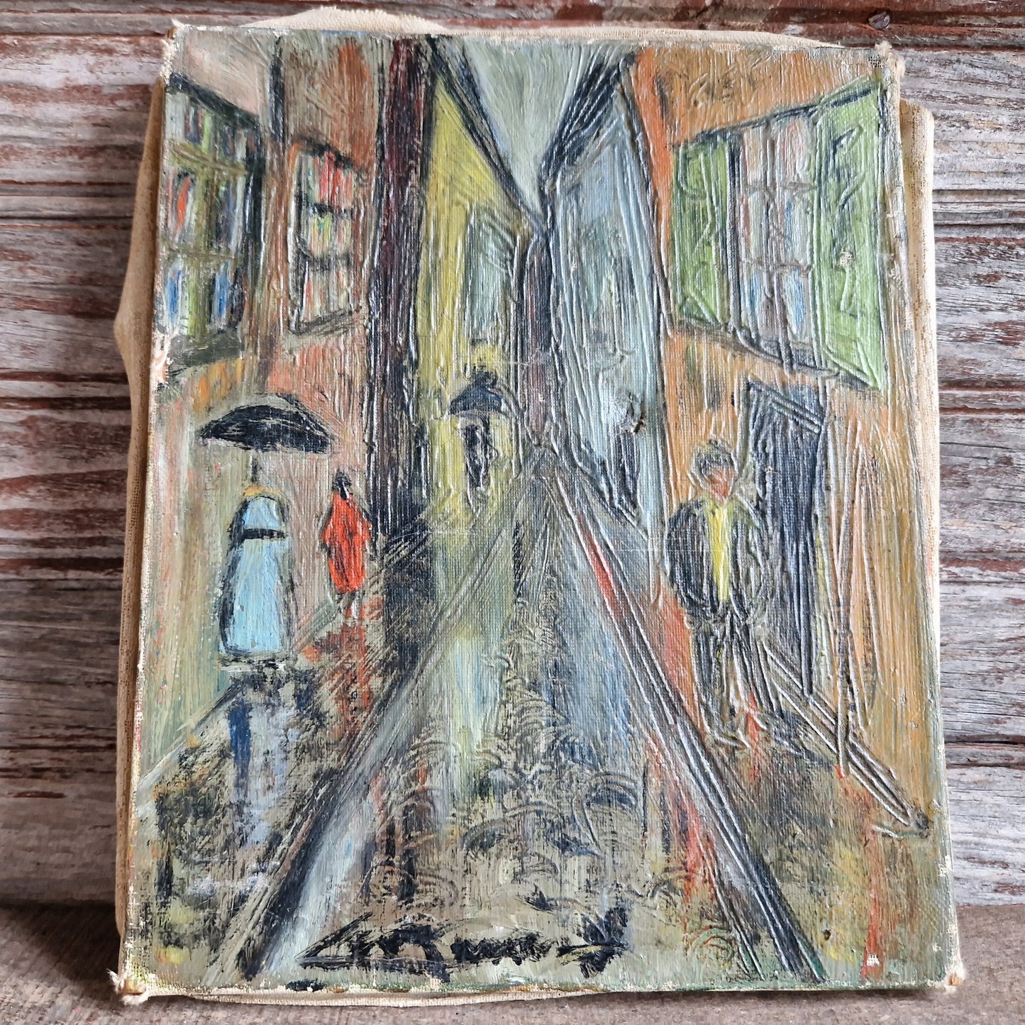 Small French mid century oil painting of a street scene. Original French art.