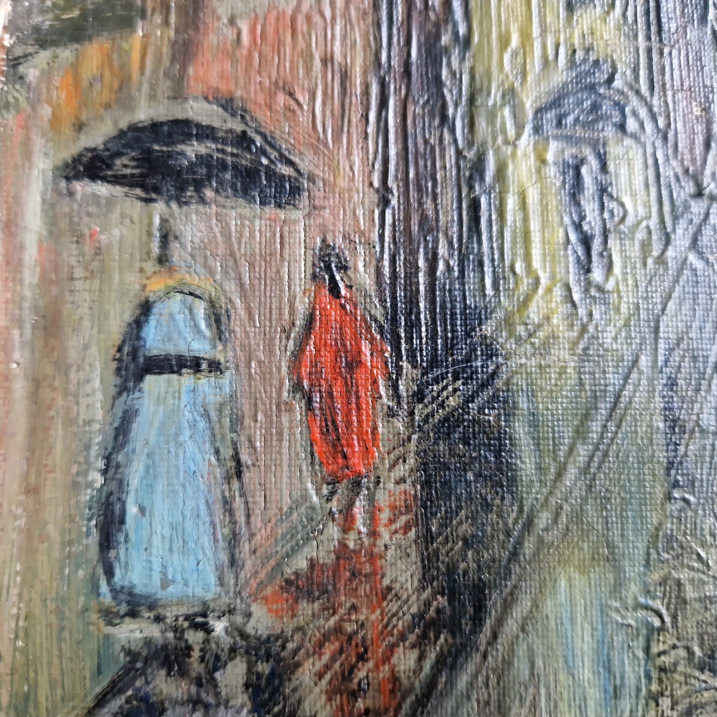 Small French mid century oil painting of a street scene. Original French art.