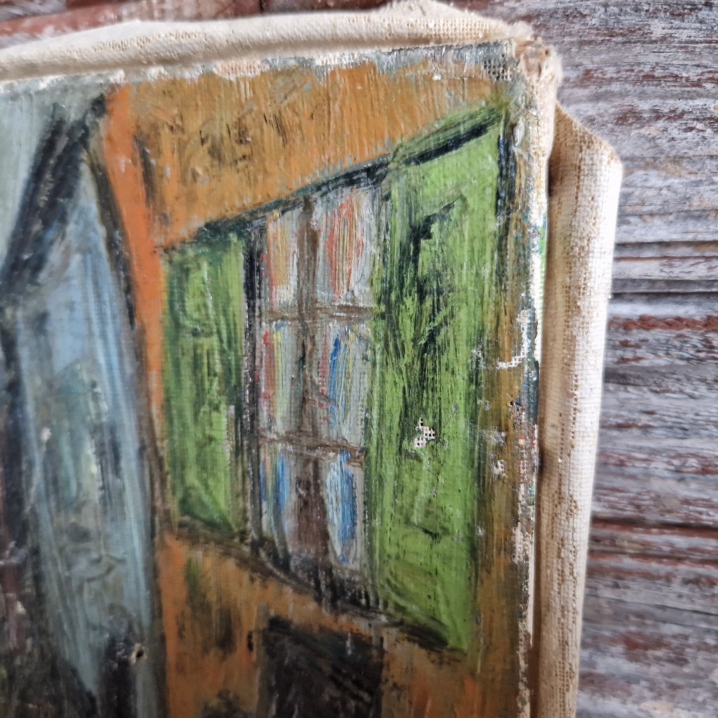 Small French mid century oil painting of a street scene. Original French art.