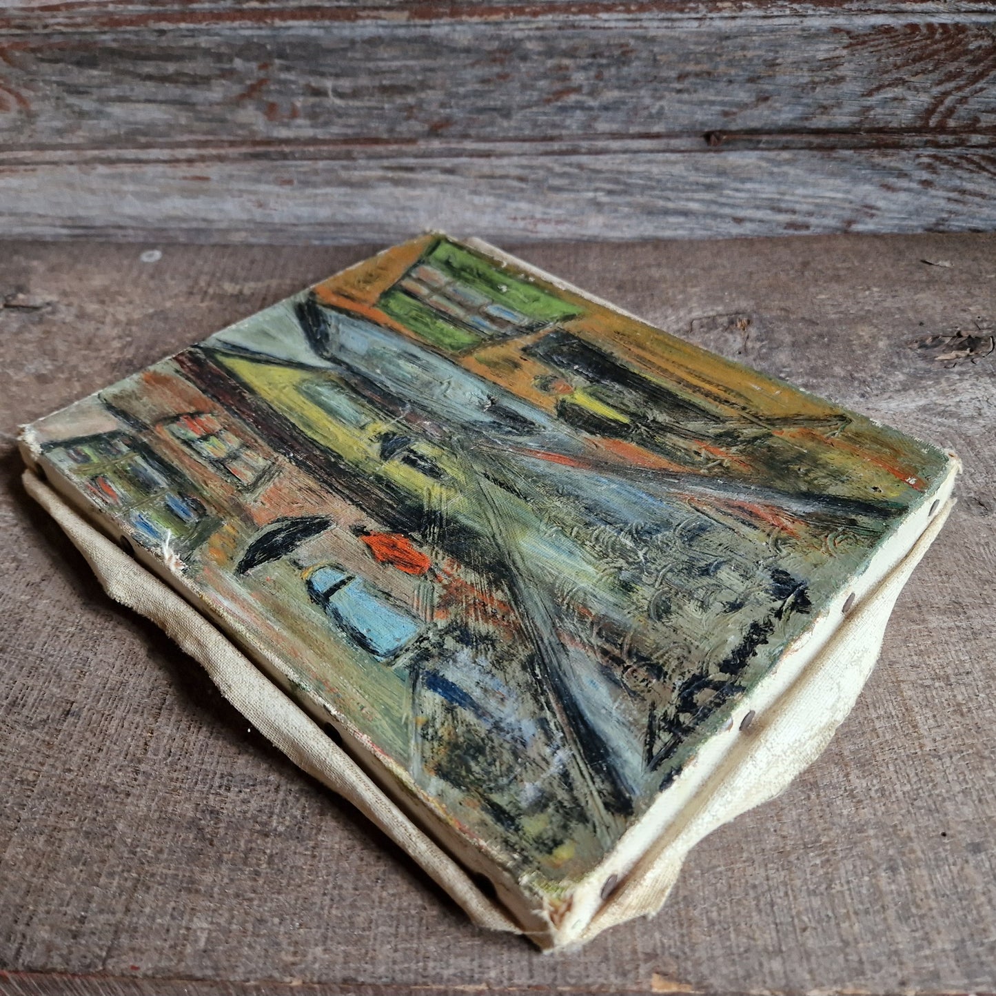 Small French mid century oil painting of a street scene. Original French art.