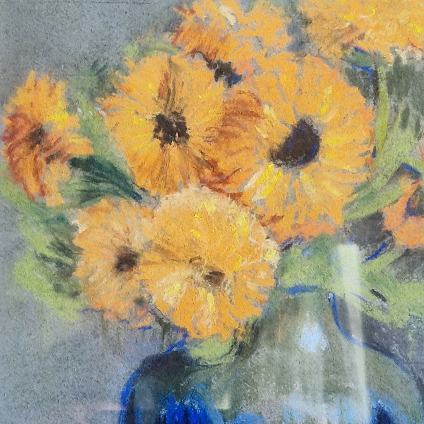 French pastel picture of sunflowers in a blue vase.