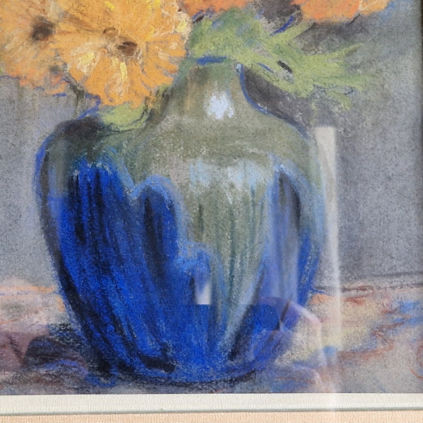 French pastel picture of sunflowers in a blue vase.